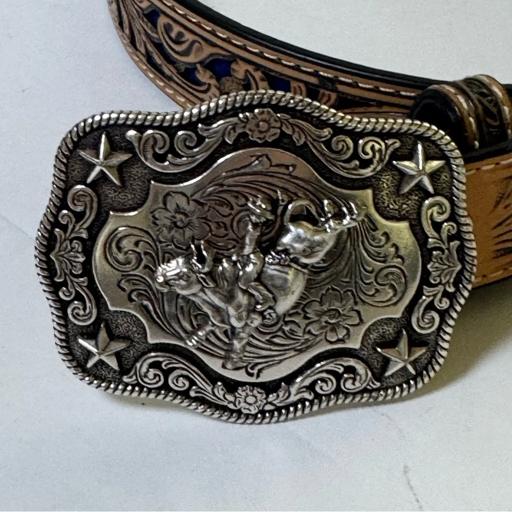 Nocona Boys Western Leather Belt with Bull Rider Buckle